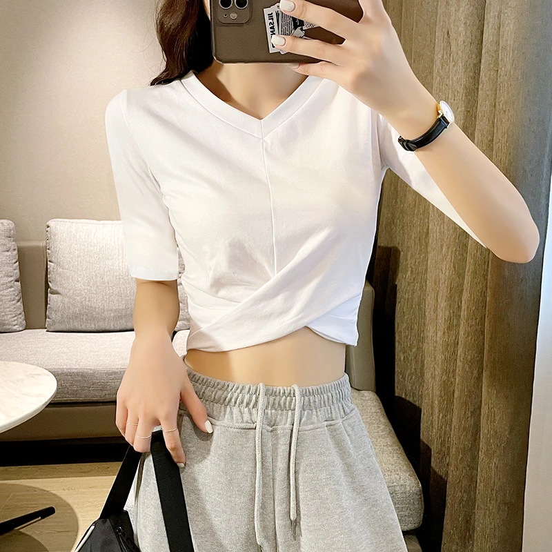 白色半袖女设计感t恤小众2023新款流行夏季高腰露脐短上衣小个子