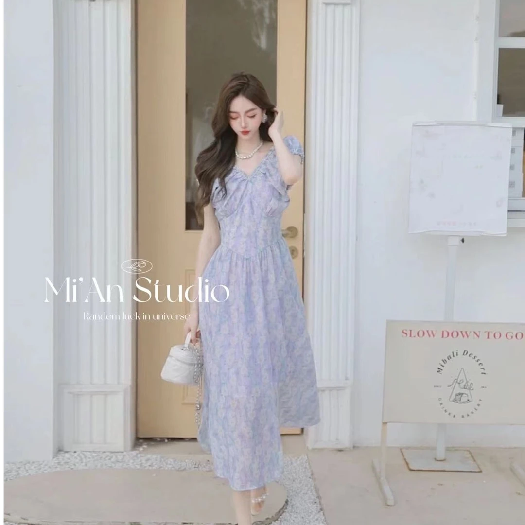 【罗曼花园】初恋温柔小众设计感浪漫夏日碎花V领连衣裙iris907