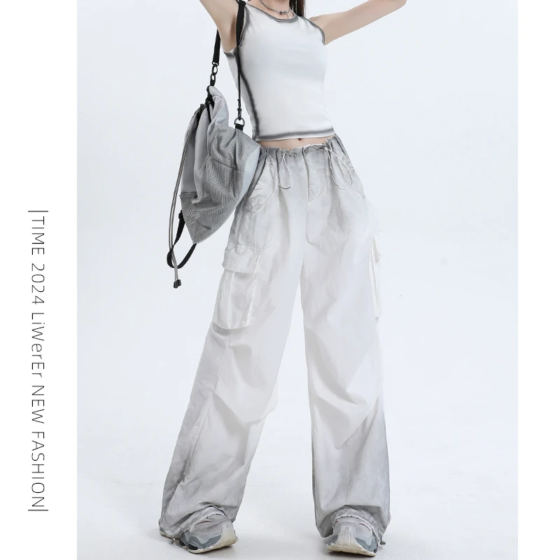 美式速干扎染工装裤女夏季2025新款高腰宽松阔腿脏脏裤休闲伞兵裤
