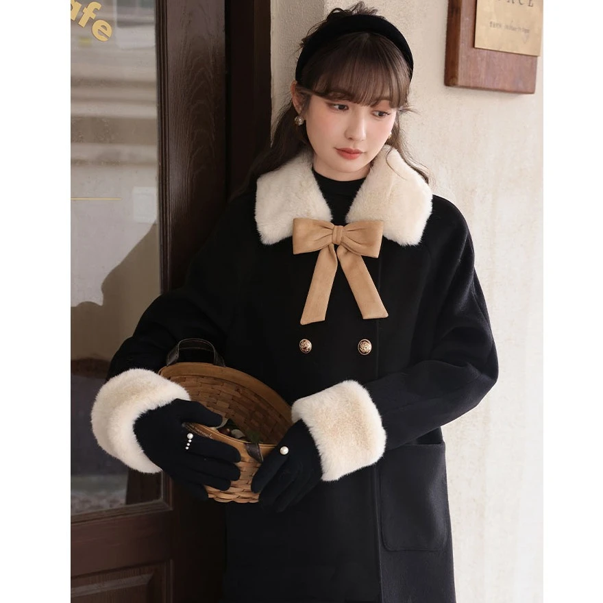 （80-200斤）大码新款毛领高级感长袖外套秋冬蝴蝶结毛呢外套女1648