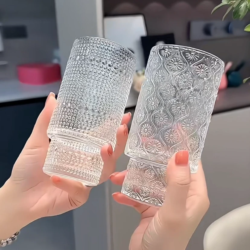 ins风玻璃杯 小众设计日式复古浮雕纹威士忌酒杯水杯咖啡啤酒杯