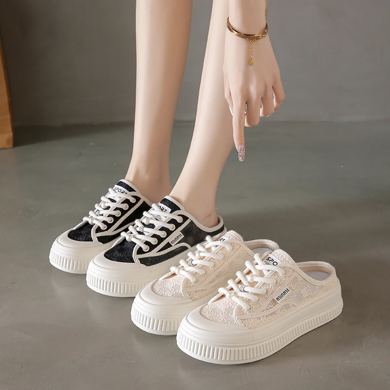 小白鞋女2025夏季新款韩版百搭网面透气休闲板鞋女半拖蕾丝时尚潮