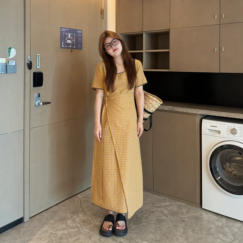南岛风大码夏季复古格纹设计感胖mm女显瘦遮肚连衣裙ZYY811