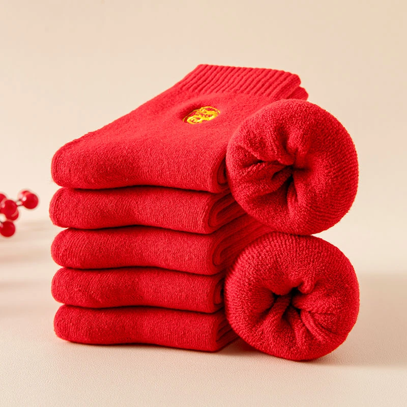 龙年本命年纯棉红袜子男女加厚加绒全棉大红袜中筒刺绣新年红色袜