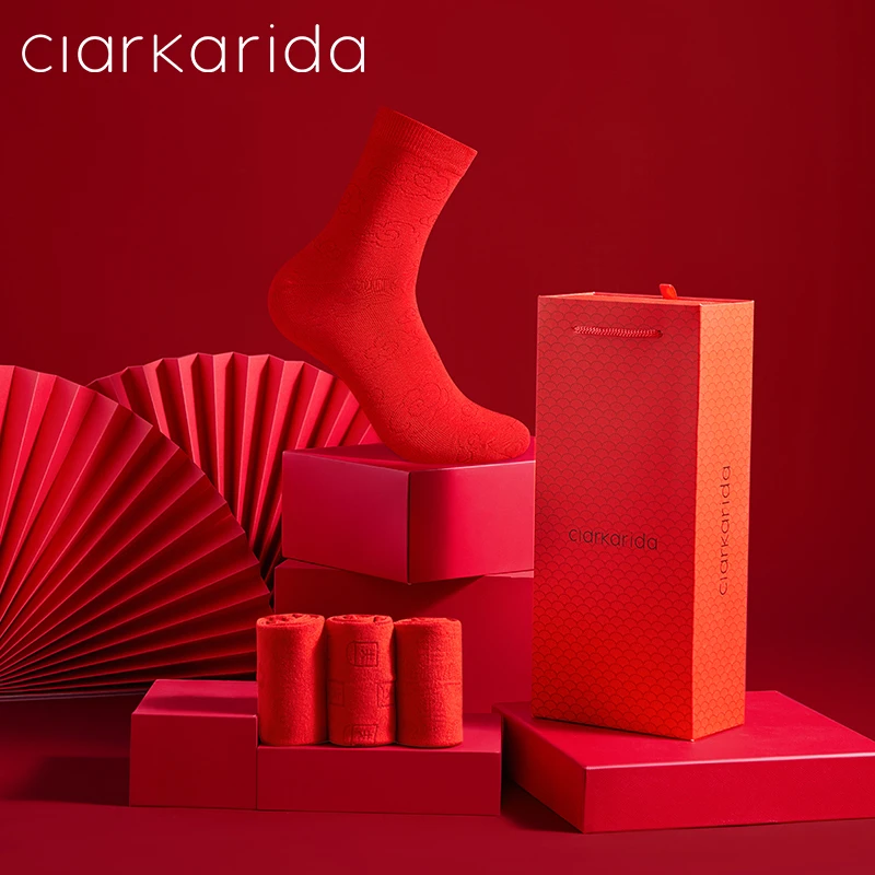 Clarkarida本命年龙年女士中筒200针袜子礼盒装红色抑菌透气喜庆