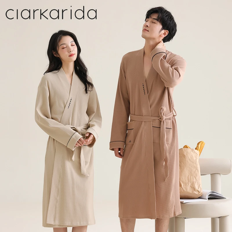 Clarkarida情侣睡袍纯棉秋冬宽松华夫格男女士长款浴袍睡衣家居服