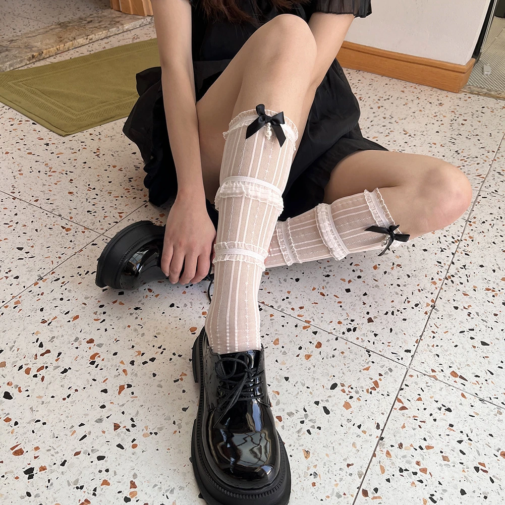 春夏薄款lolita蕾丝jk中筒花边亮丝蝴蝶结珍珠手工丝袜甜美小腿袜