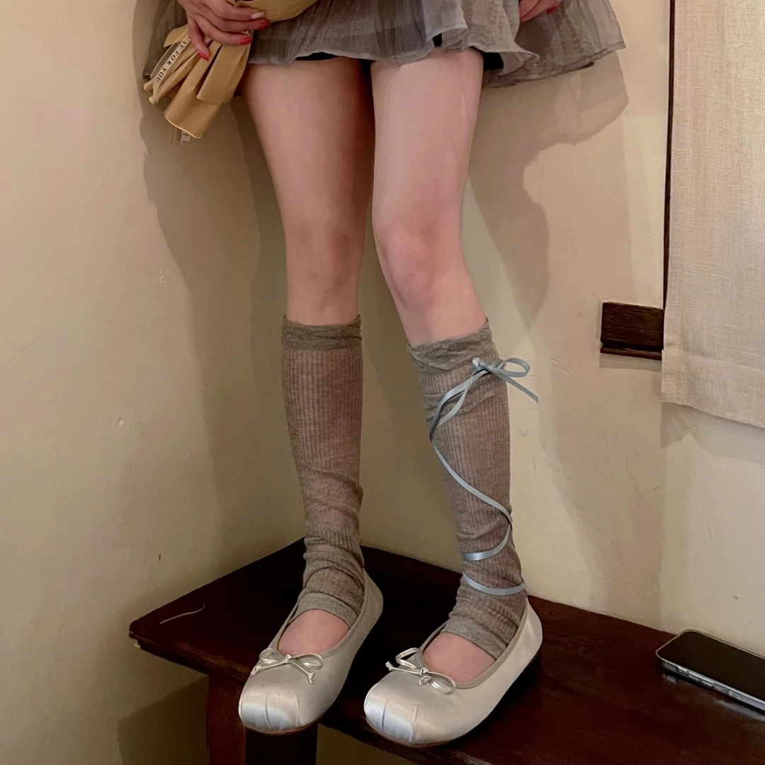 芭蕾风绑带堆堆袜女袜套夏季薄款透气袖套泡泡口竖条显瘦jk小腿袜