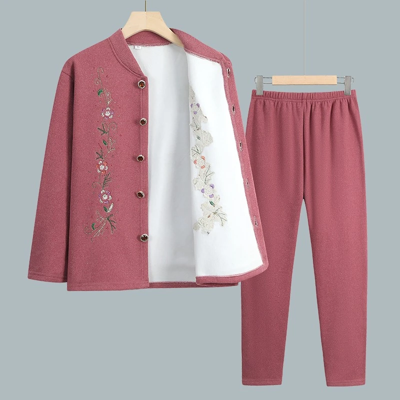 中老年人秋冬保暖内衣套装女妈妈装加绒加厚打底两件套奶奶装防寒