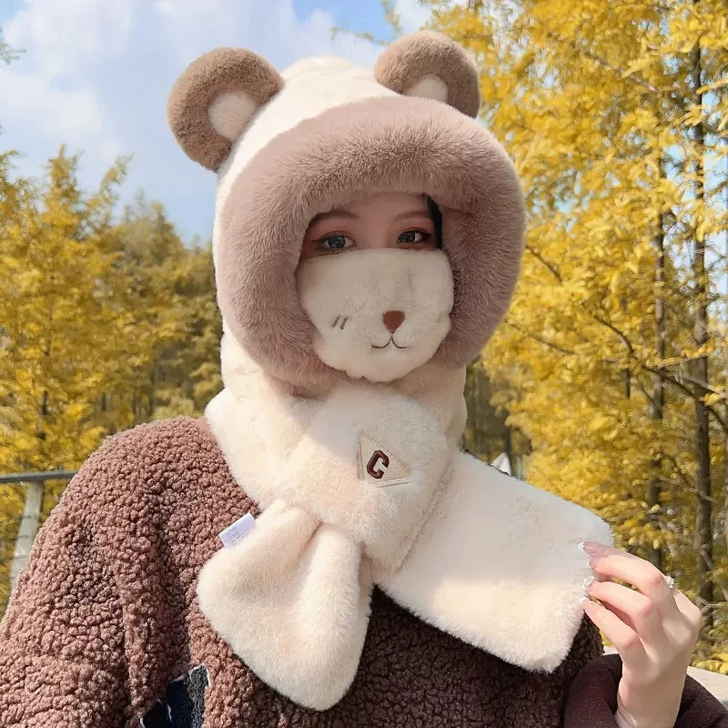 2023新款小熊骑车防风防寒保暖神器时尚围脖帽子围巾一体女款冬季