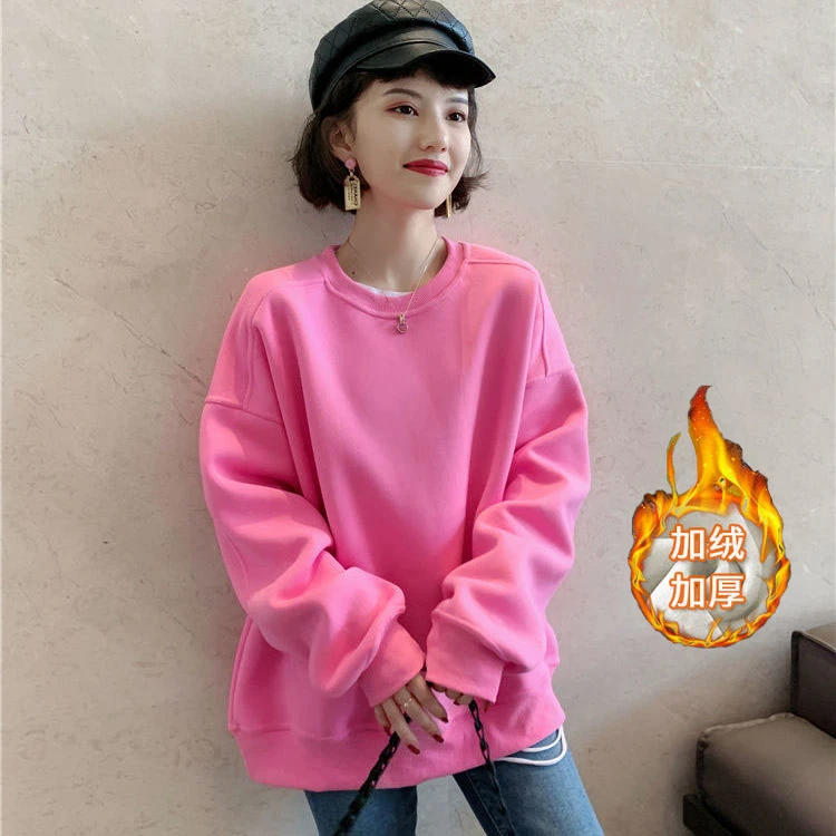 韩国女装加绒中长款卫衣女套头圆领纯色百搭设计感潮ins网红时尚