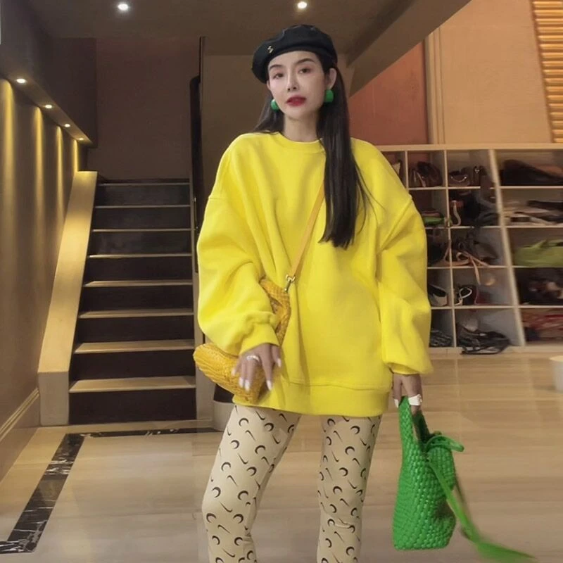 黄色春秋款套头圆领卫衣女宽松中长款遮臀高级感慵懒风ins遮屁股