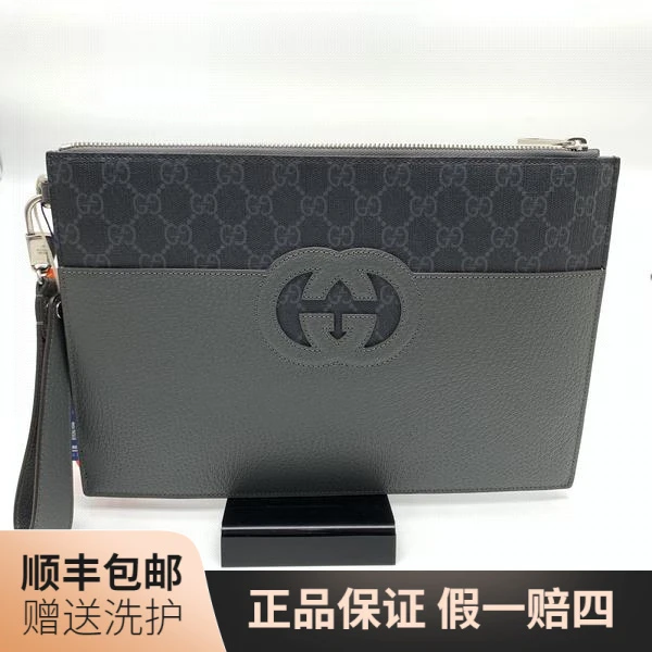 99新 GUCCI/古驰 古驰黑老花拼皮双G手拿包/10017488二奢男包奢侈