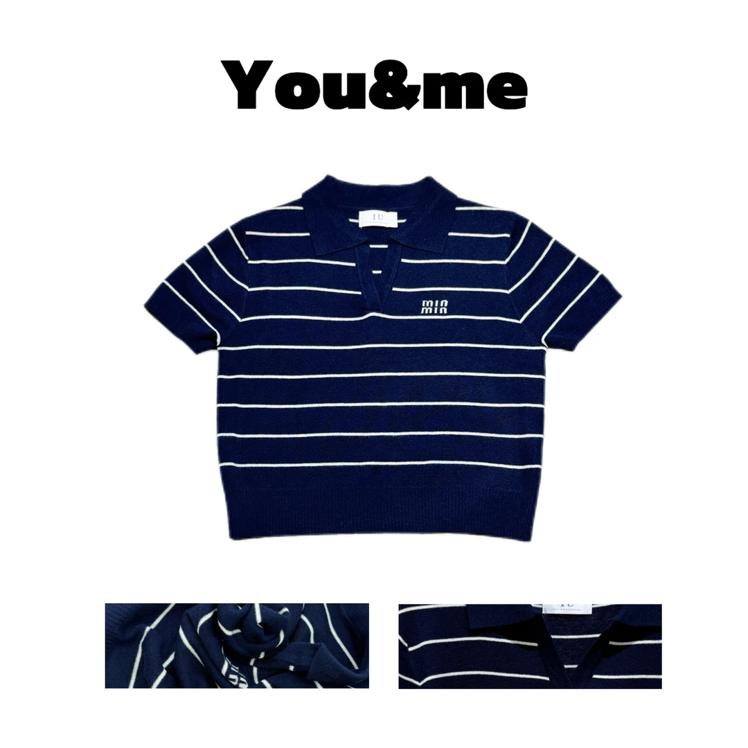 【You&me】2024早秋新款毛衣针织衫韩版条纹慵懒风Polo领短袖上衣