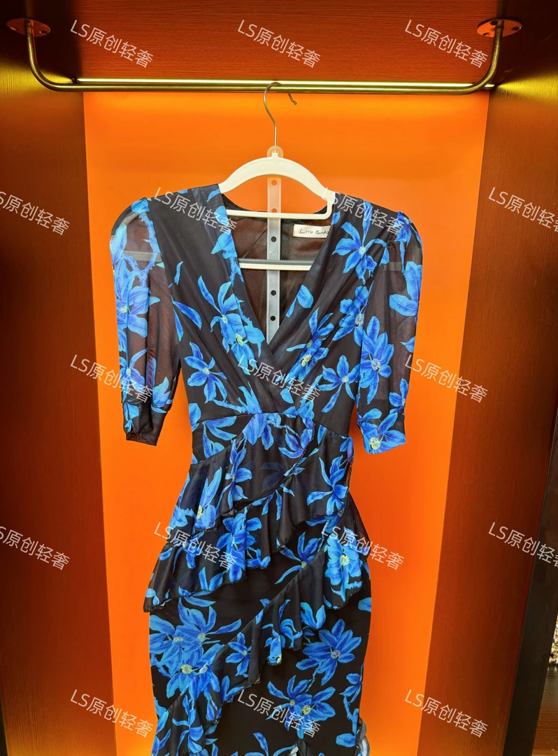 宝石蓝波纹印花裹身裙收腰修身气质弹力V领网纱显瘦包臀连衣90901