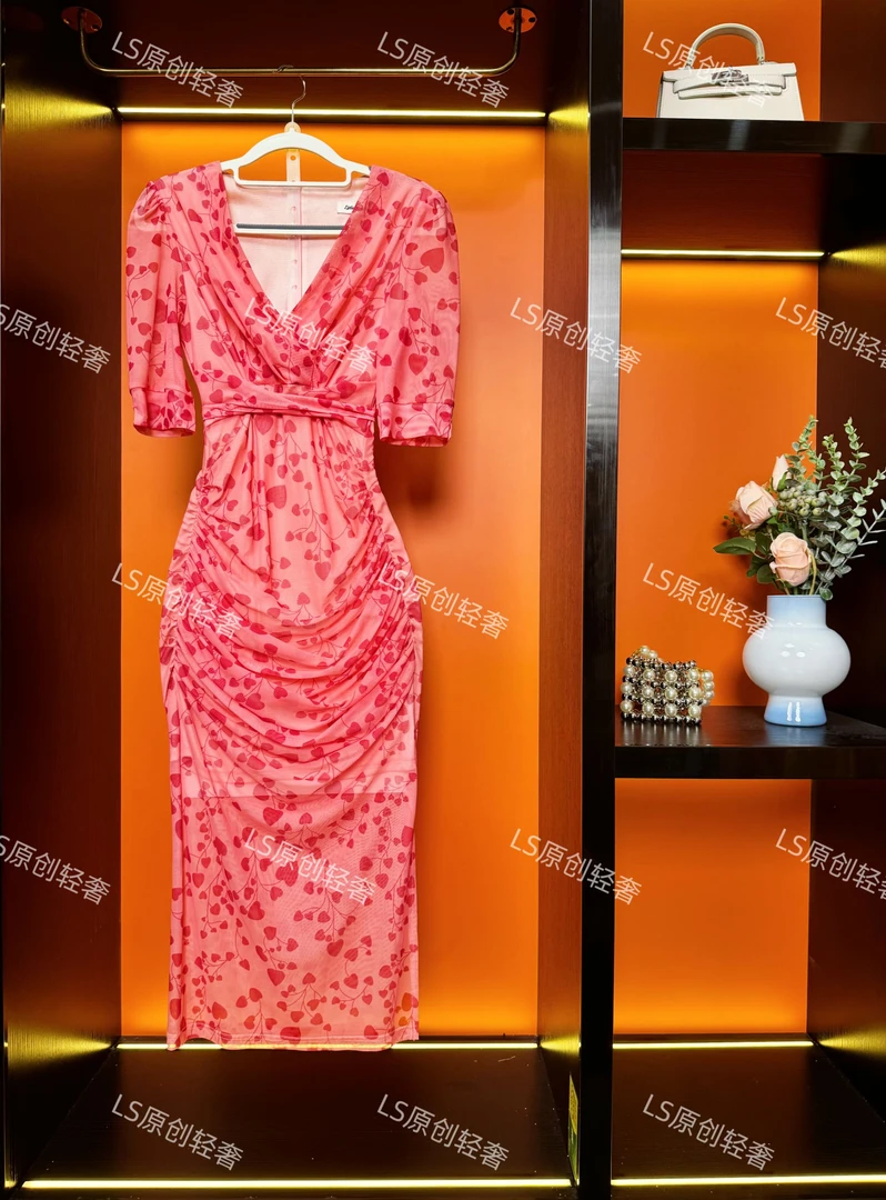 法式时尚夏季新款褶皱修身显瘦高级感V领气质粉色网纱一步裙13347