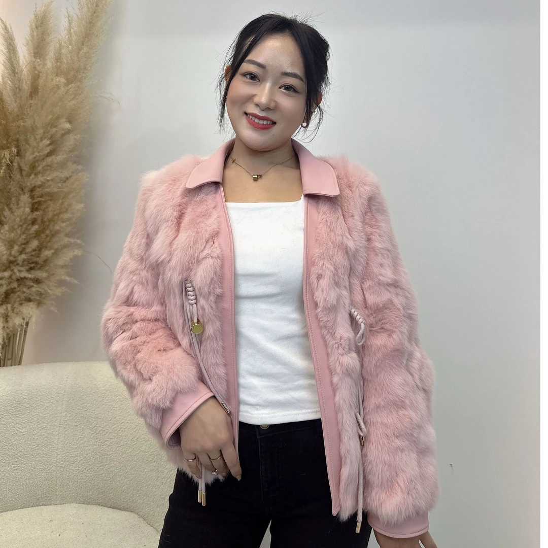 2024海宁新款时尚气质百搭保暖兔皮毛一体鹅绒服短外套