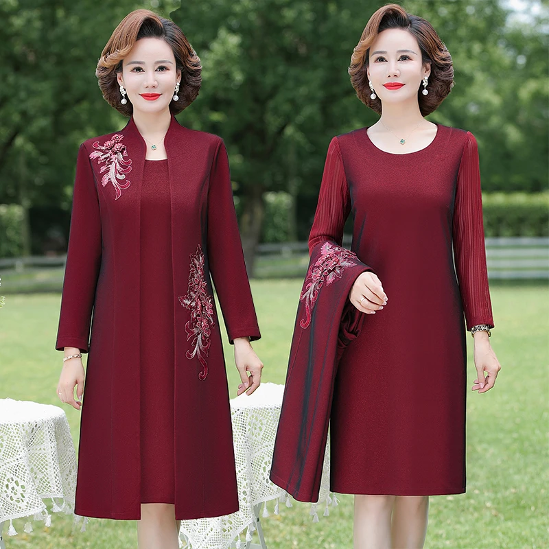 中老年妈妈装春秋款洋气显瘦复古婚宴喜婆婆旗袍长袖两件套连衣裙