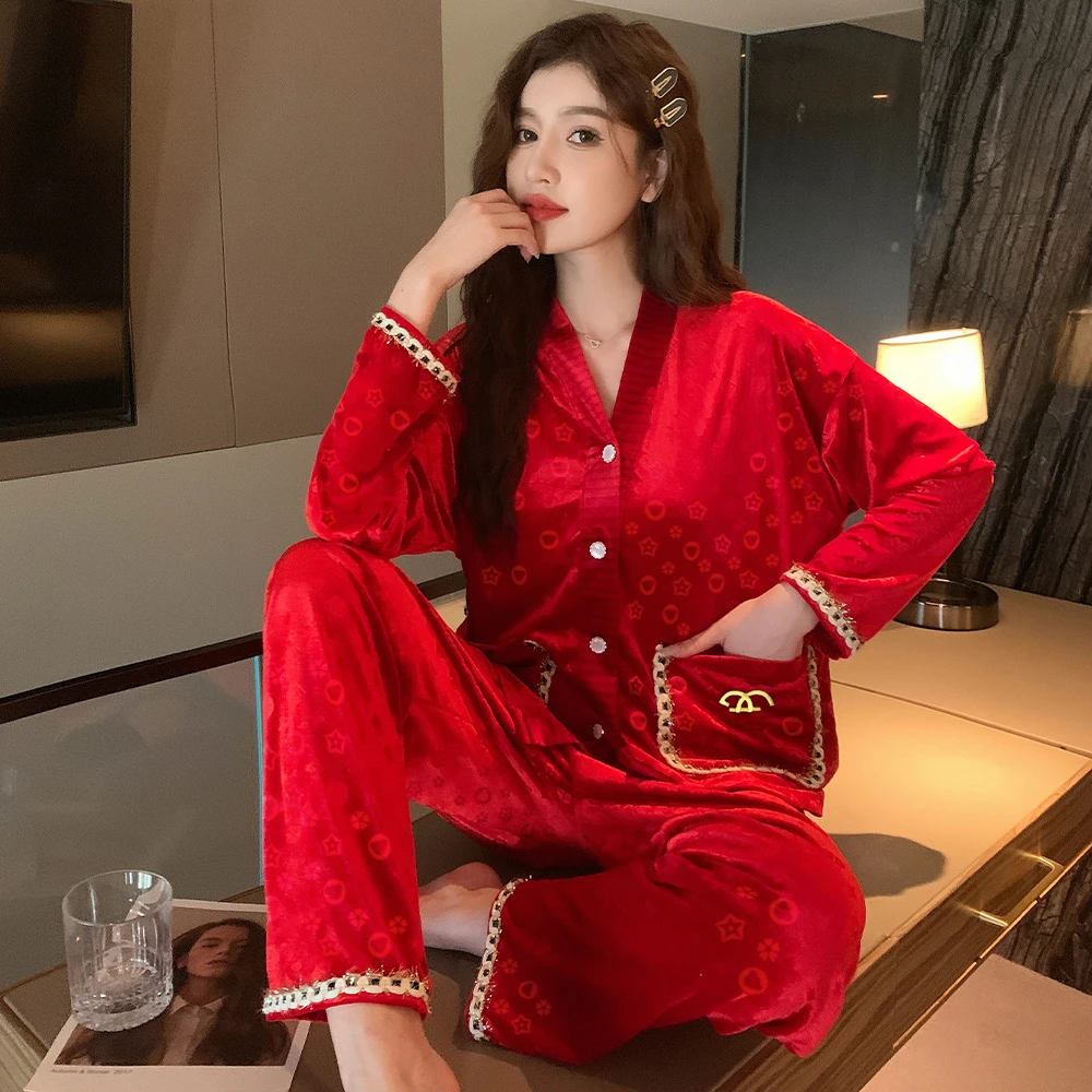 小香风金丝绒睡衣女春秋季长袖套装红色本命年家居服秋冬天可外穿