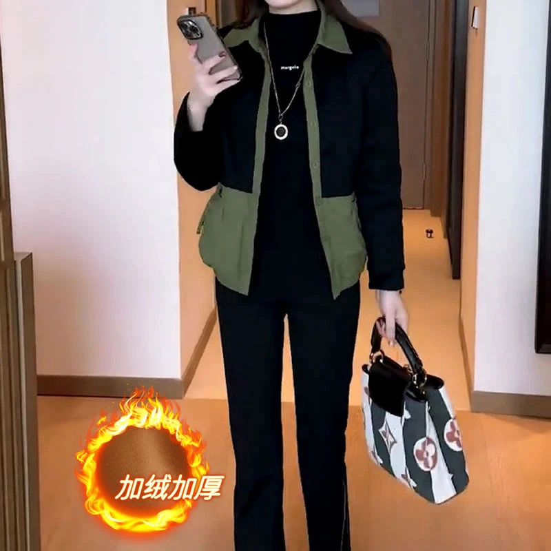 加绒加厚拼接色短外套女2025秋冬新款时尚宽松显瘦减龄妈妈装上衣