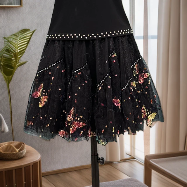 广场舞春夏新款跳舞裙子半身裙大摆裙黑色蝴蝶网纱舞裙蓬蓬裙百搭