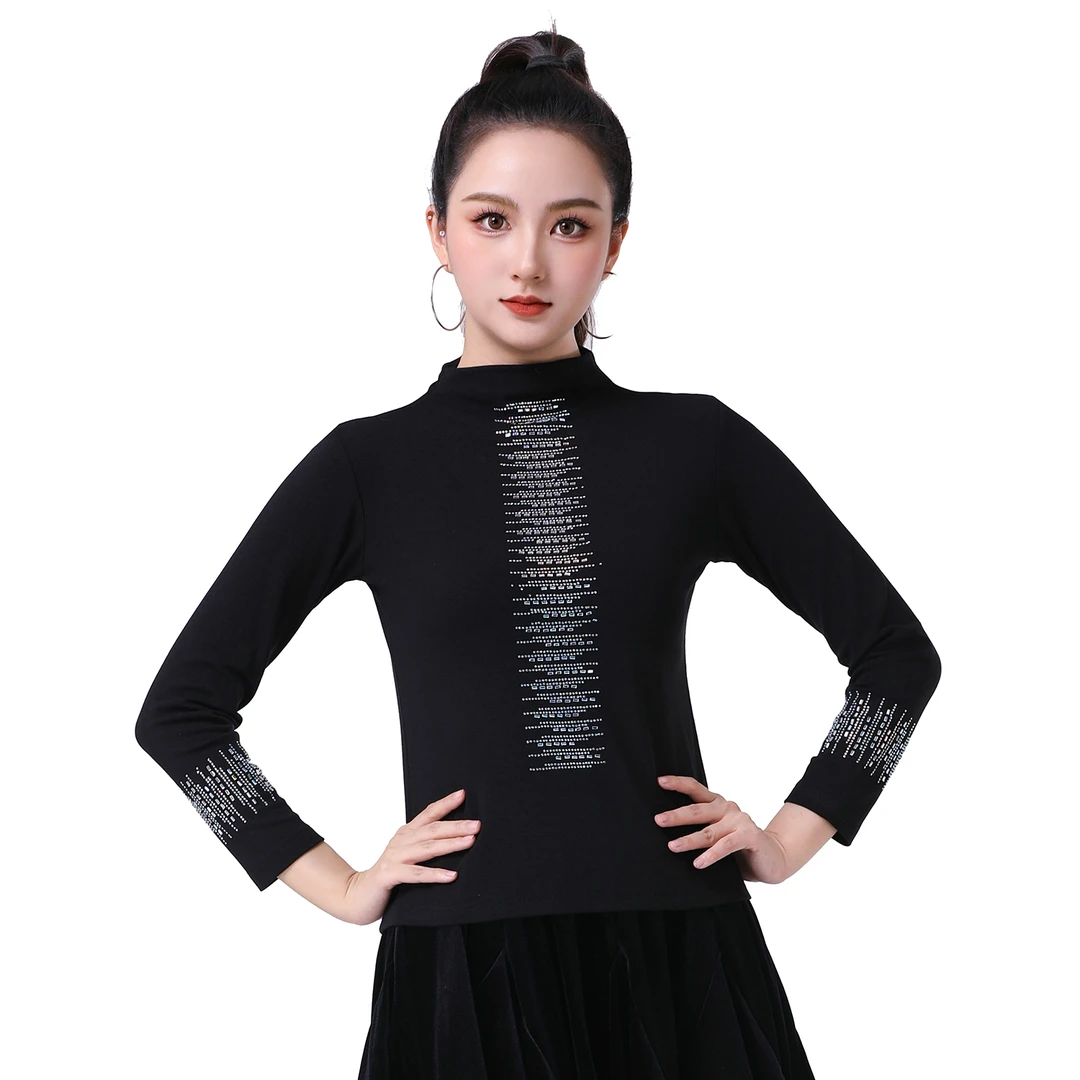新款螺纹棉高领烫钻长袖上衣气质显瘦收腰遮肚修身百搭秋冬女装
