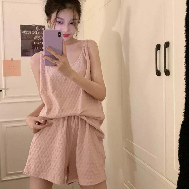 韩国ins纯棉性感吊带睡衣女夏季可爱甜美可外穿宽松家居服两件套