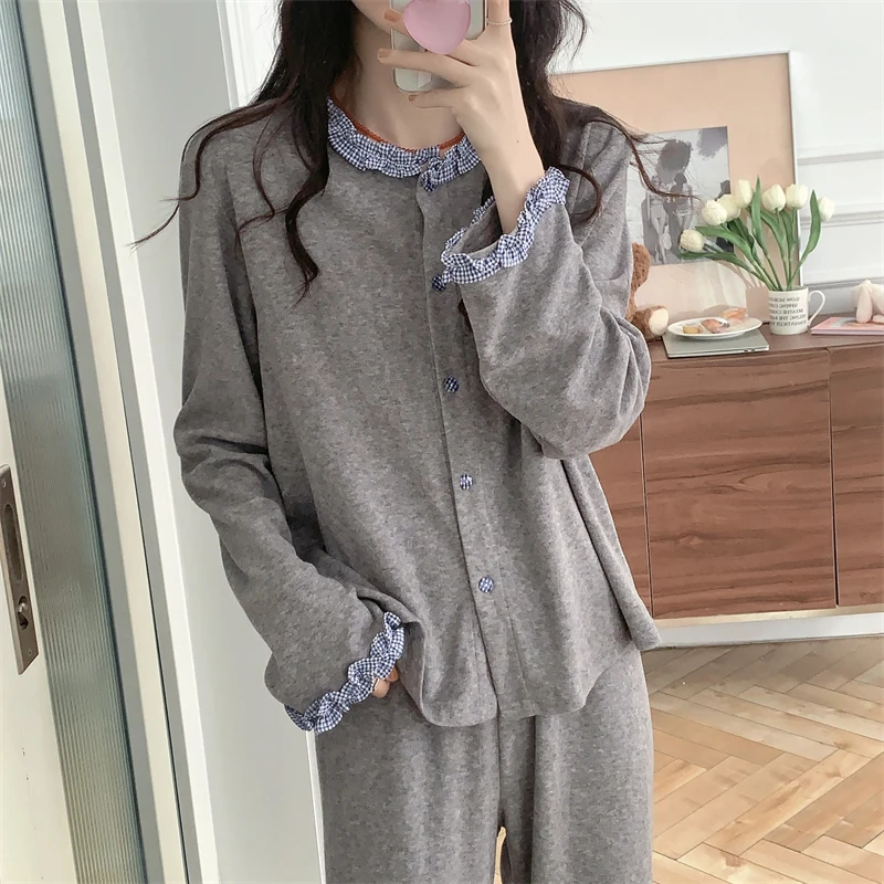 韩国ins甜美格子拼接毛巾绒睡衣女款秋冬季纯棉保暖家居服荷叶边