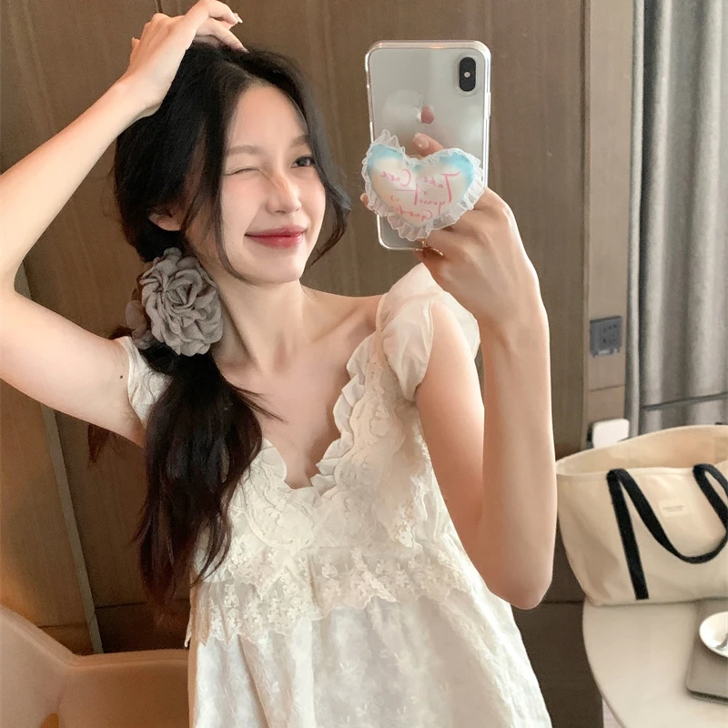 韩国ins纯欲公主风带胸垫睡裙女夏季小飞袖性感v领花边睡衣家居服