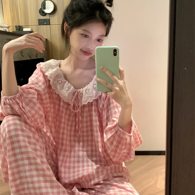 韩国ins甜美花边娃娃领纯棉睡衣女春秋季长袖长裤宽松格子家居服