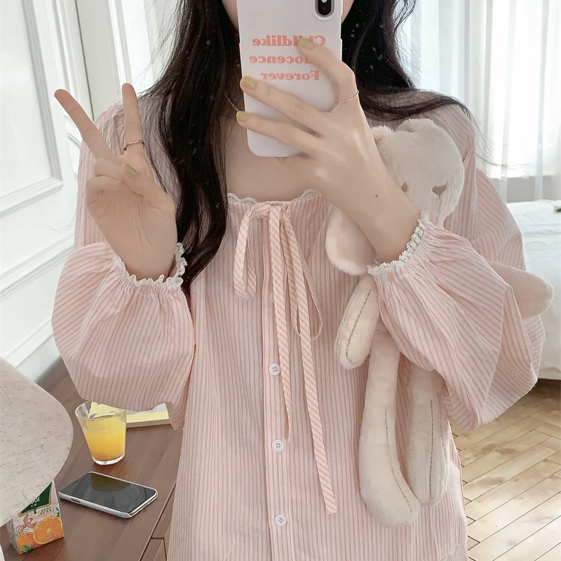 韩国ins简约条纹棉麻睡衣女春秋季长袖长裤甜美花边学生家居服薄