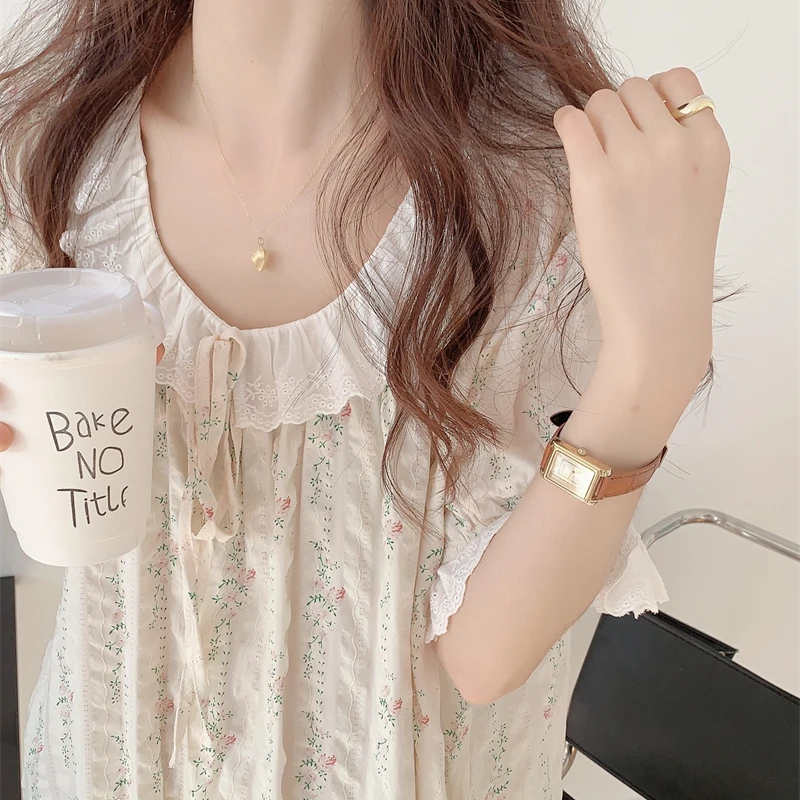 韩国ins甜美小碎花纯棉睡裙女夏季薄款短袖花边娃娃领睡衣家居服