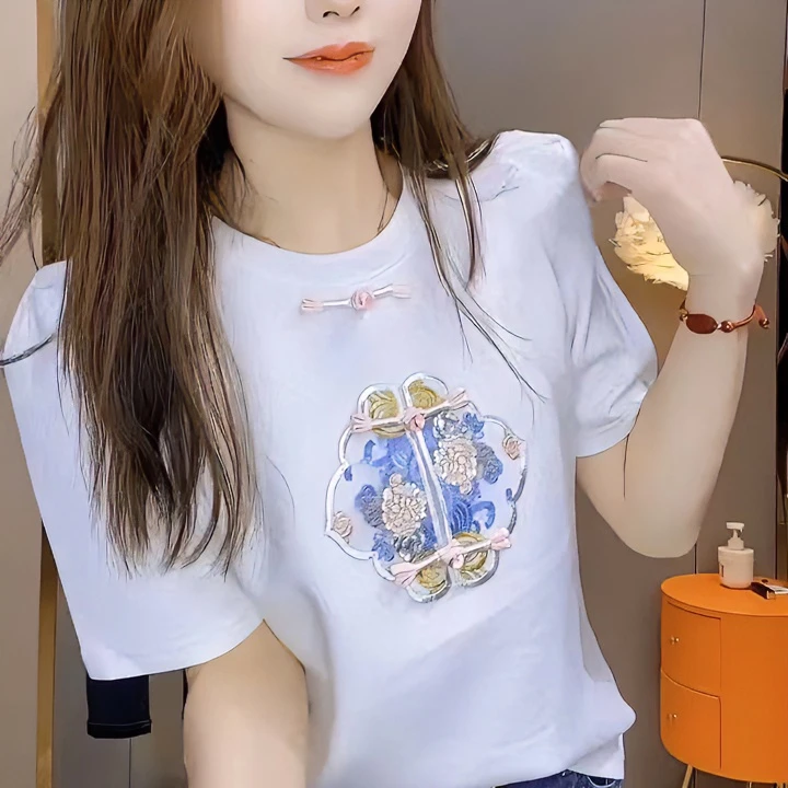 145小个子新中式ins白色重工休闲上衣春夏夏装圆领时尚半袖夏季