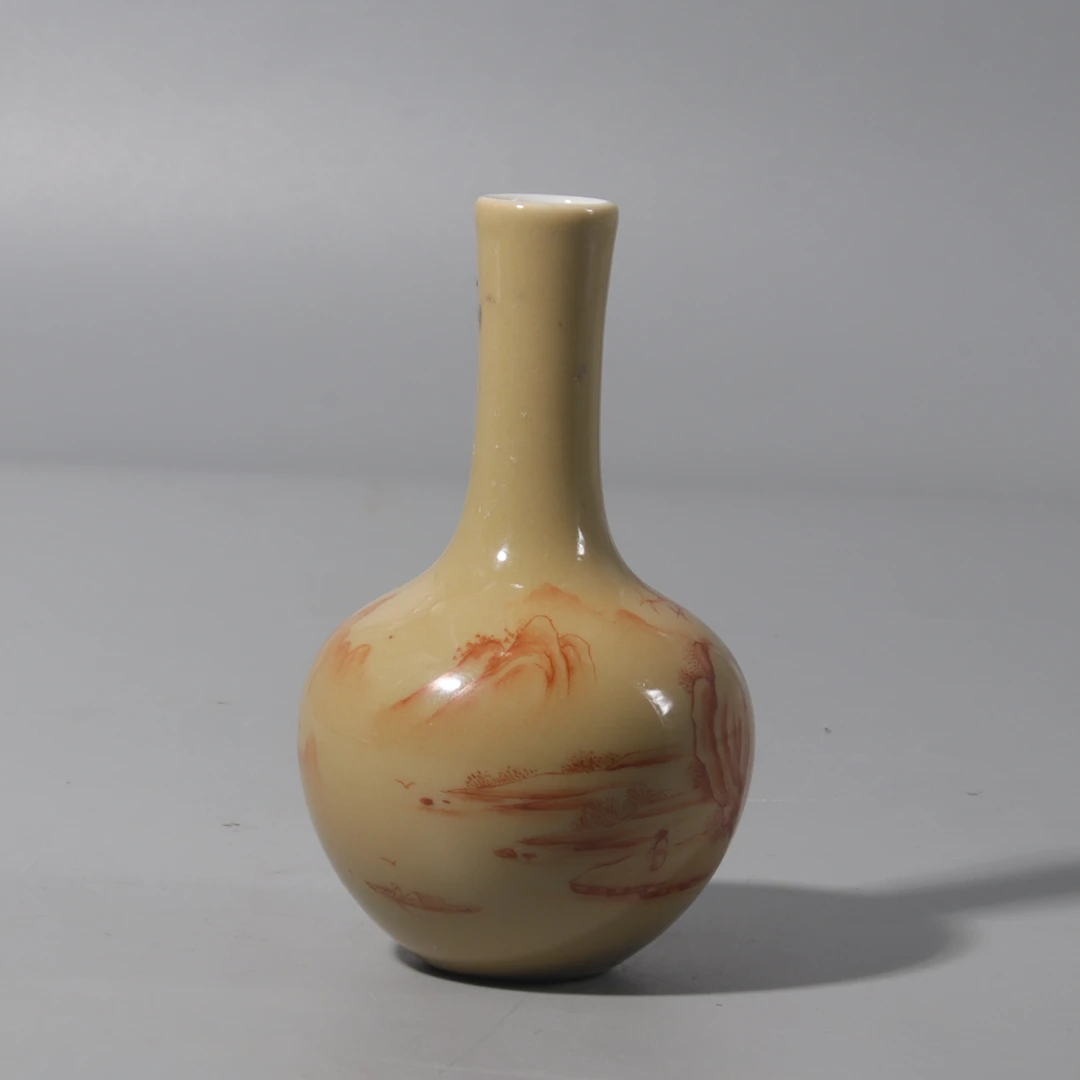 米黄釉矾红山水纹小天球瓶H408-046