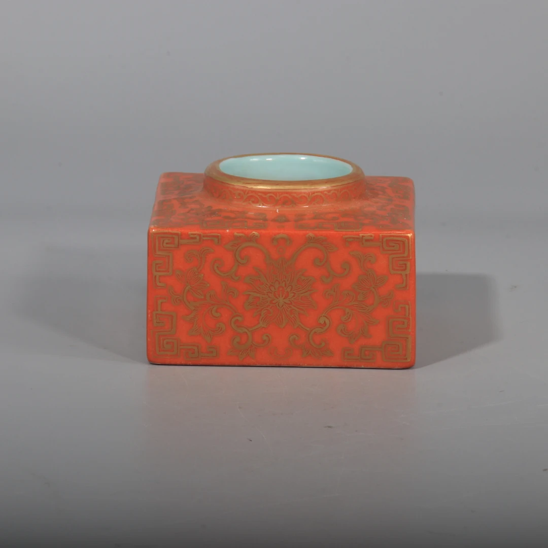 矾红描金四方水盂 H410-310