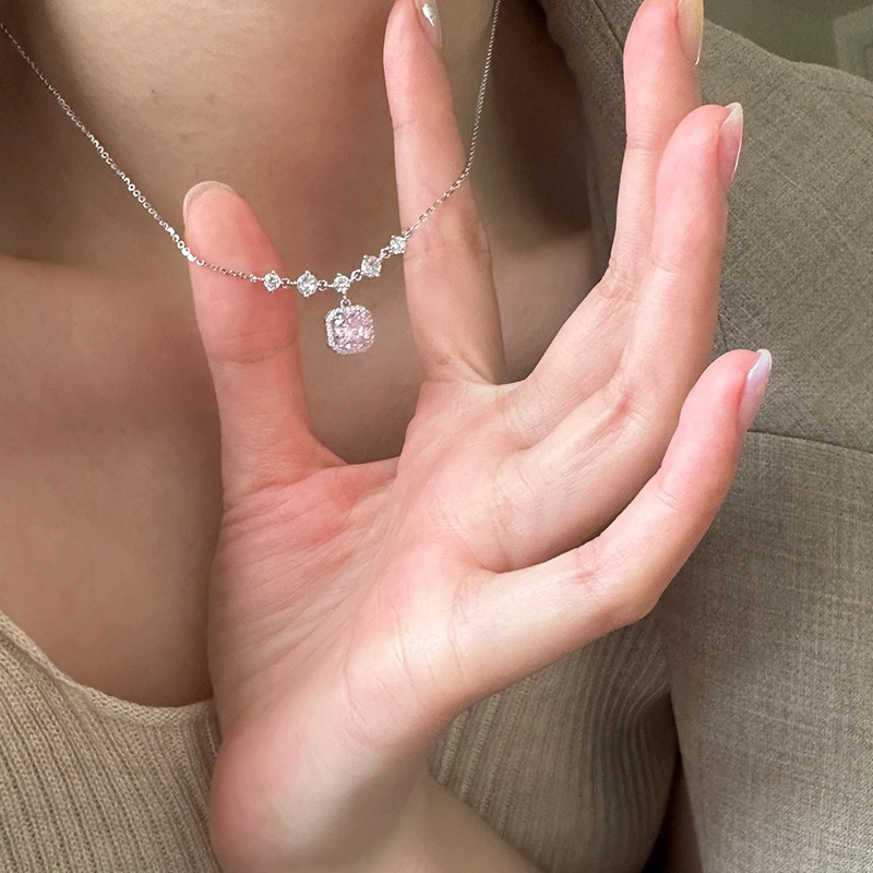 坠链均925银 纯银满天星项链锁骨项链女简约时尚精致轻奢粉色锆石