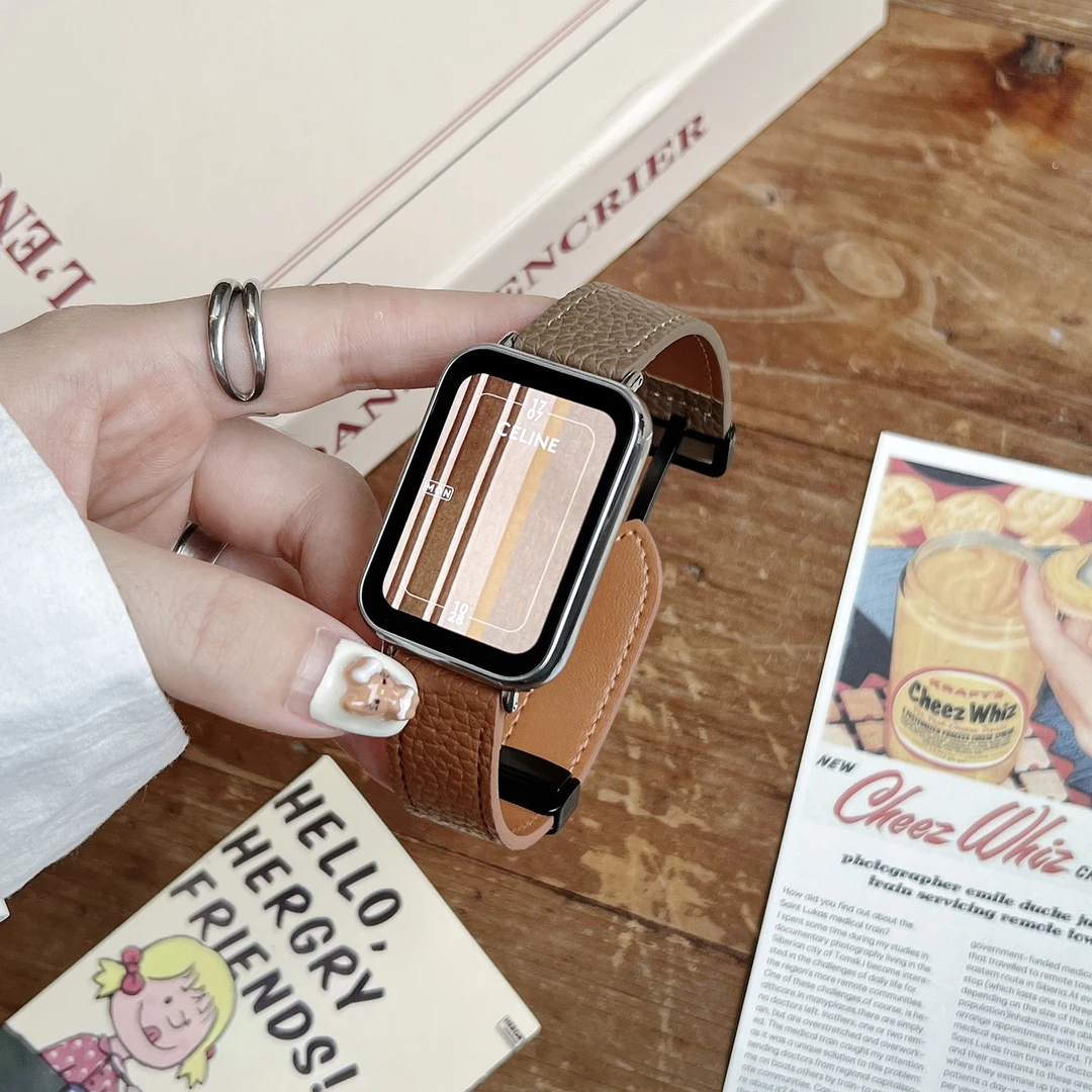 适用小米9pro表带8Pro磁吸折叠扣荔枝纹皮质运动替换带ins风时尚