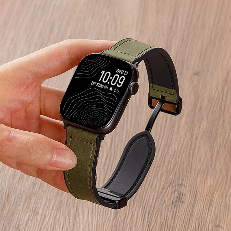 适用iwatch10手表applewatch表带疯马纹真皮苹果男夏天硅胶磁吸扣