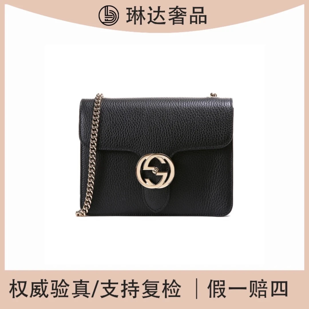 99新 GUCCI/古驰 经典时尚黑色金扣风琴翻盖单肩斜挎链条包(琳达)