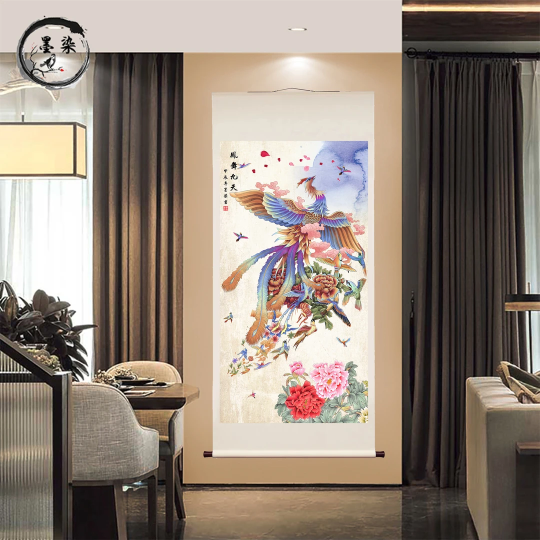 卷轴精装裱《凤舞九天》艺术微喷 立轴玄关茶室客厅装饰画挂