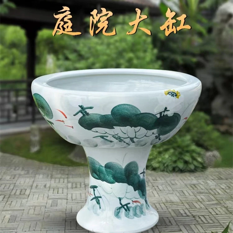 景德镇陶瓷鱼缸青花瓷水浅立柱陶瓷缸种荷花睡莲碗莲缸养鱼养龟缸