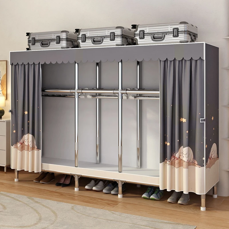 简易衣柜家用卧室布衣柜安装加粗加固全钢架出租房落地式挂衣柜子