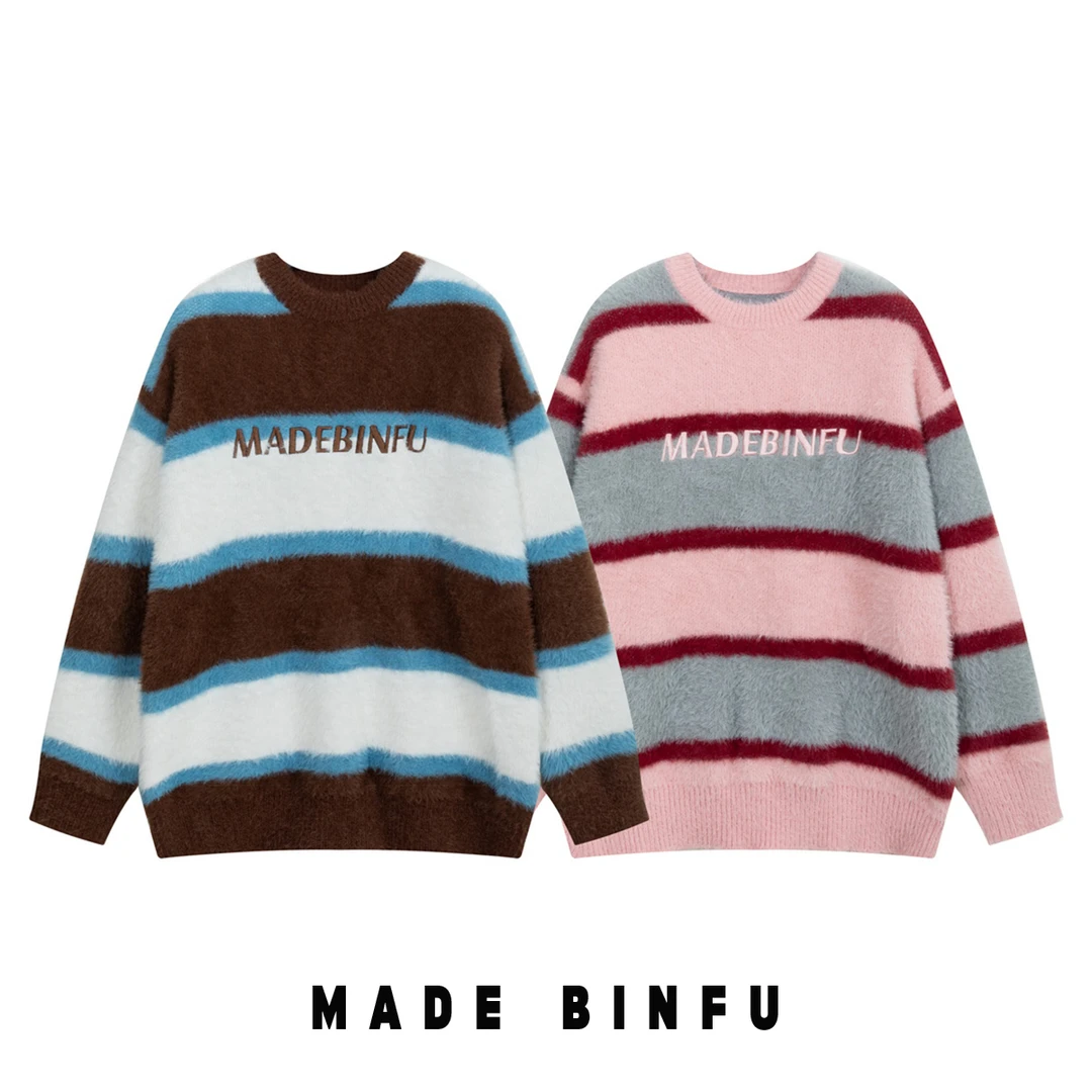 BINFU 2024年潮牌秋季新品 条纹宽松男女同款百搭ins潮圆领毛衣