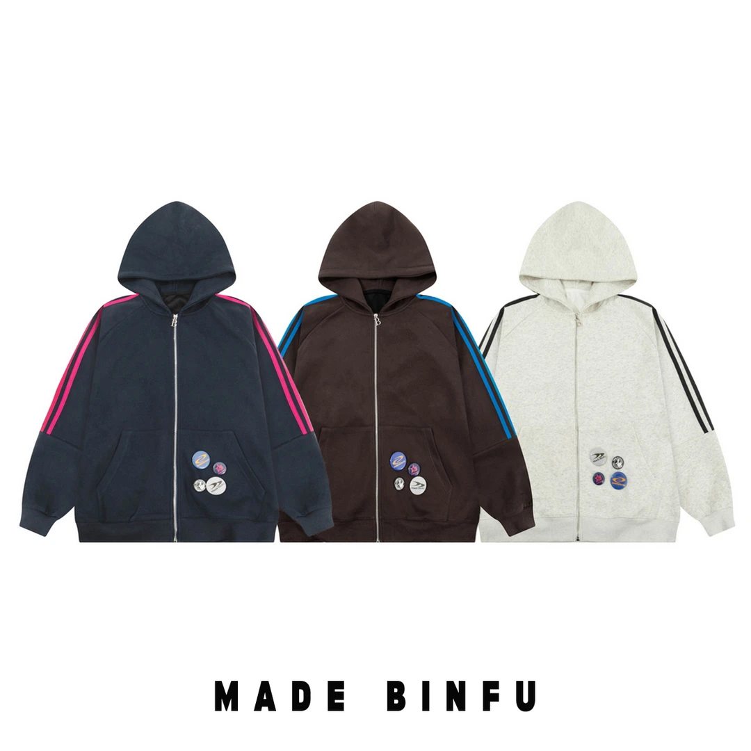 BINFU崽崽 秋季三条织带撞色宽松男女同款情侣装连帽卫衣拉链开衫