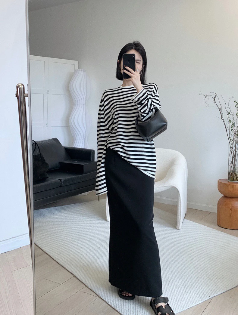 【前贸服饰】立体条纹100羊毛松弛感针织衫。显瘦气质时尚打底秋冬