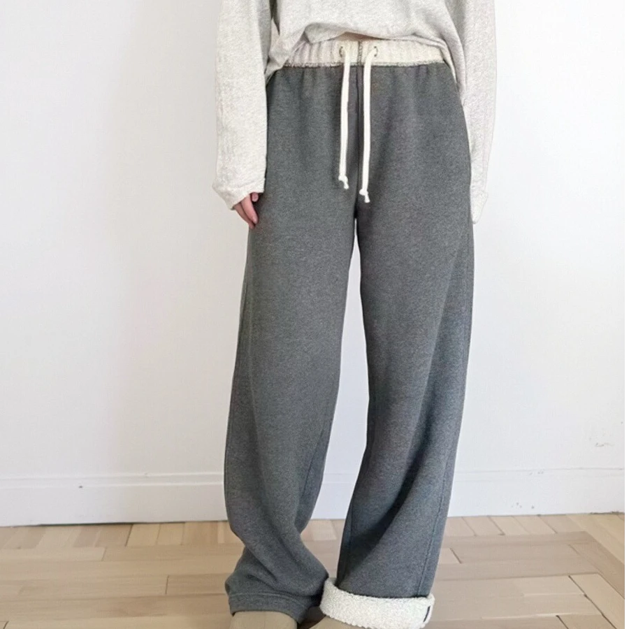 意大利小众设计拼接松紧腰头加绒加厚直筒卫裤