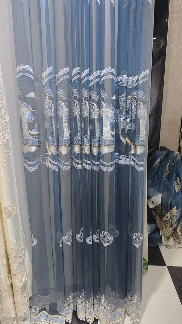 新款兰色绣花纱简约欧式美式客厅卧室成品包邮