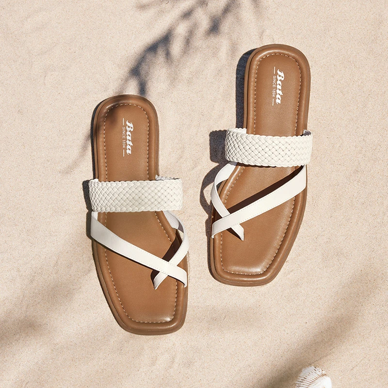 Bata外穿拖鞋女2024夏季商场新款羊皮百搭编织夹趾凉拖鞋ARP20BT4