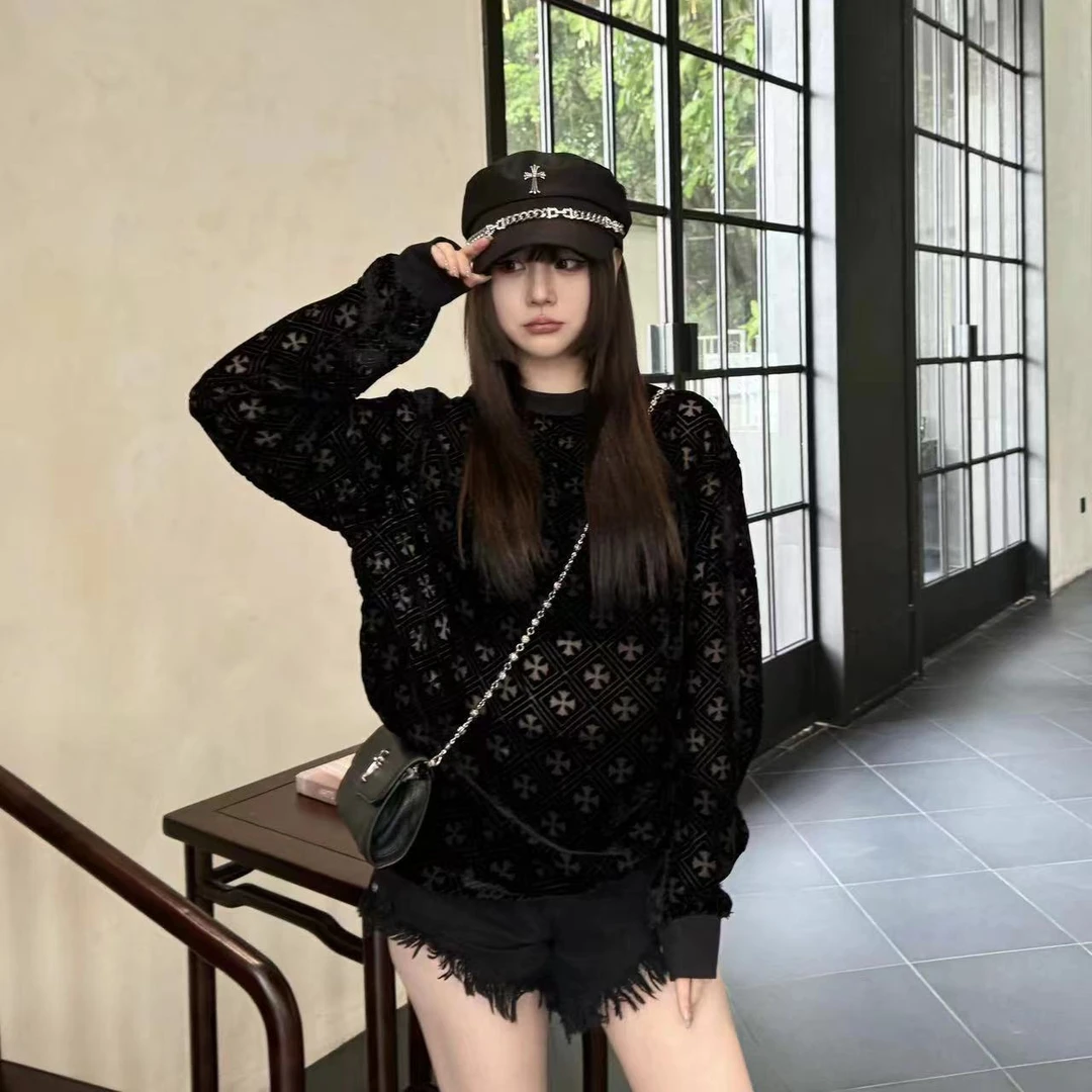 【小婵】长袖时尚百搭宽松黑色insT恤FW7810