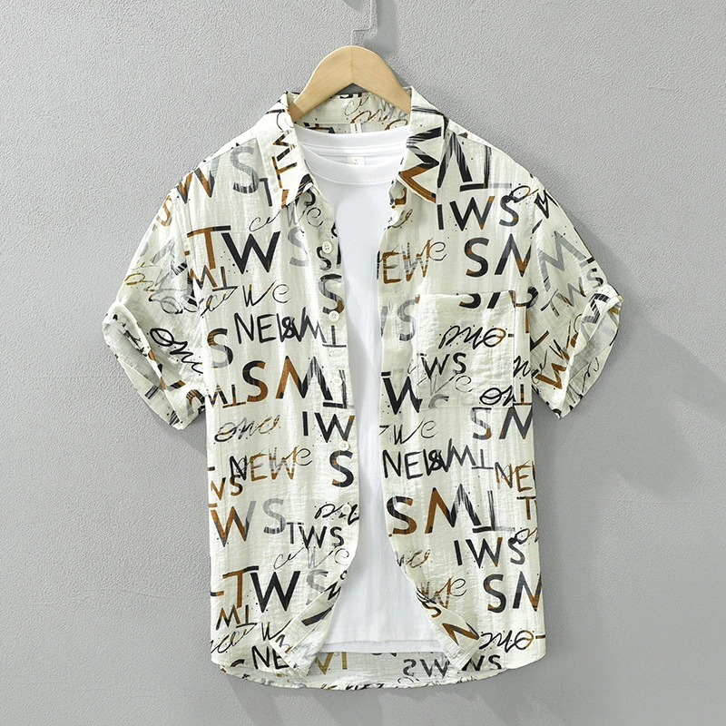 【老爸亚麻】2025新款印花短袖衬衫男士时尚麻料百搭休闲宽松上衣男